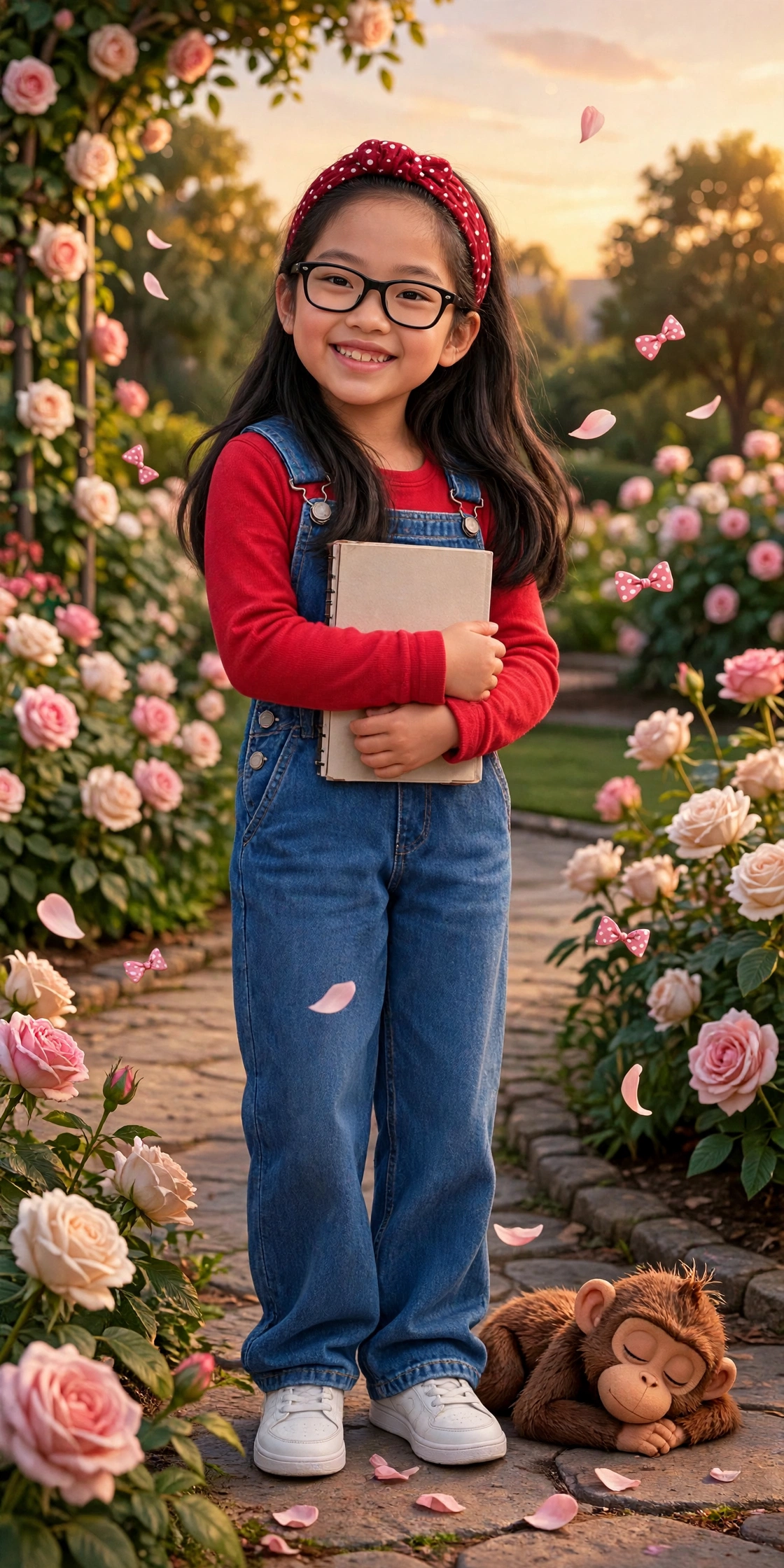 Mika in her rose garden at golden light, facing the camera with her joyful grin, head tilted into it, red polka-dot headband and denim overalls, pink bows and rose petals drifting around her