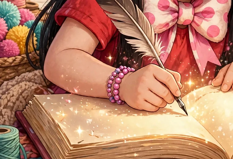 Mika's hands writing in a big open storybook